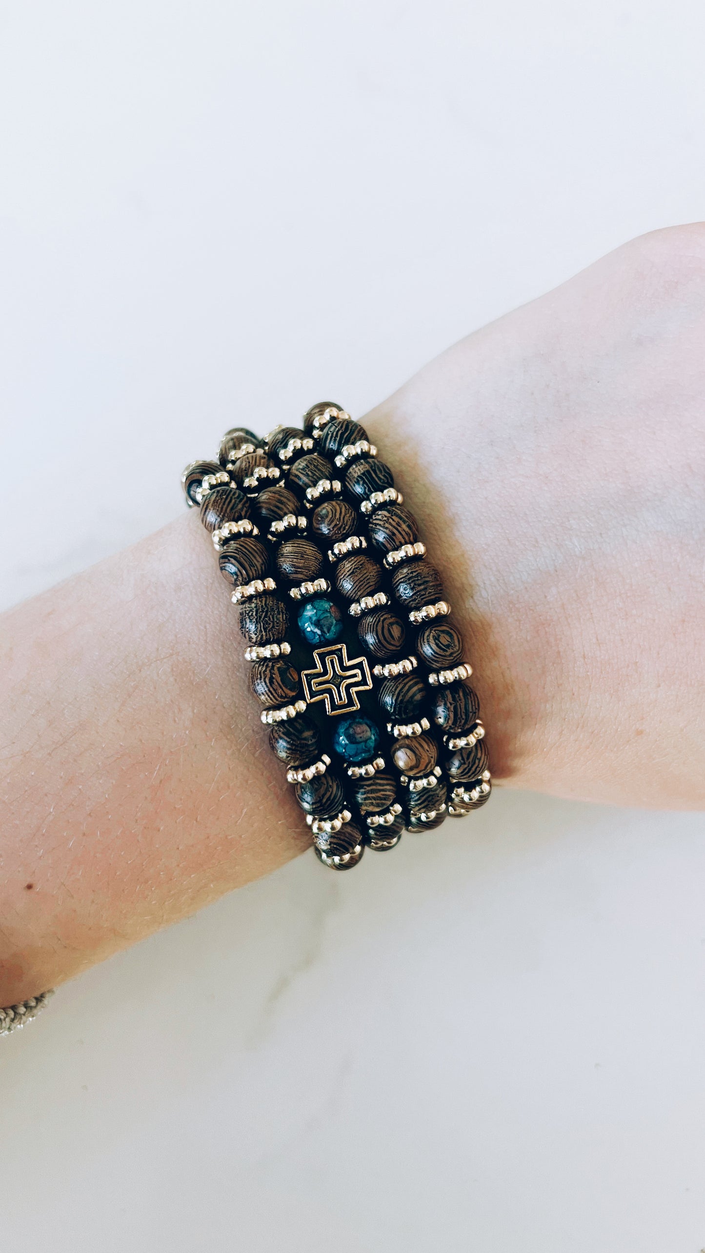 Wenge Wooden 75 Bead Prayer Bracelet with Blue and Gold Spacers