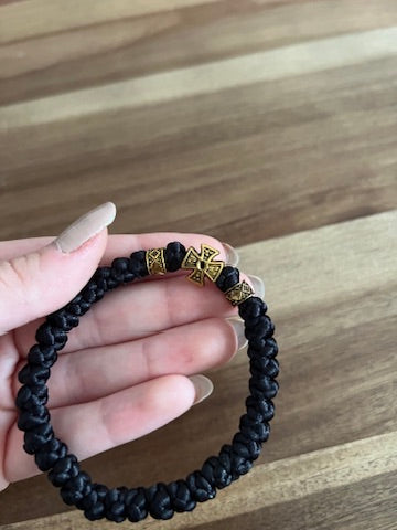 Black Satin Cord 33 Knot Prayer Bracelet with Gold Beads