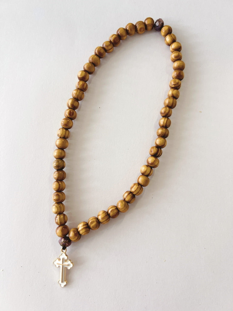 Wooden 50 Bead Prayer Bracelet with Lavendar Spacer Beads
