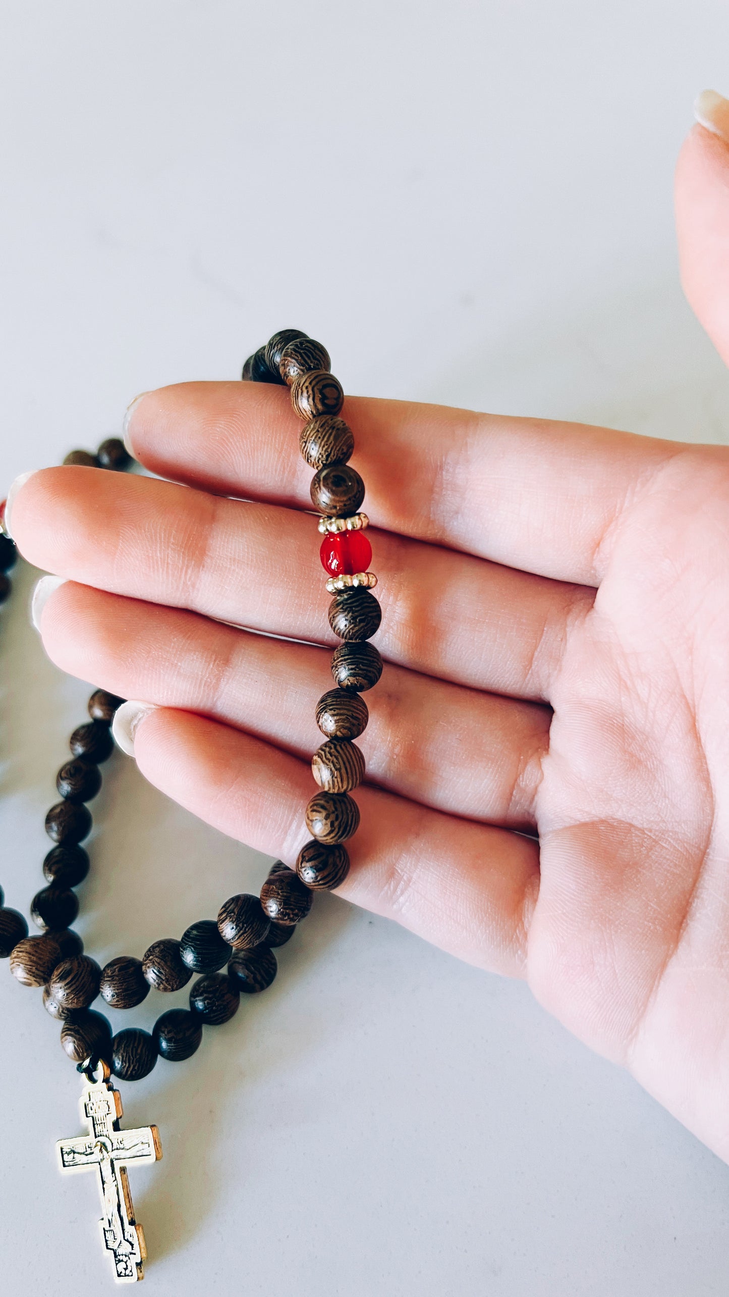 Wenge Wooden 75 Bead Prayer Bracelet with Red and Gold Spacers