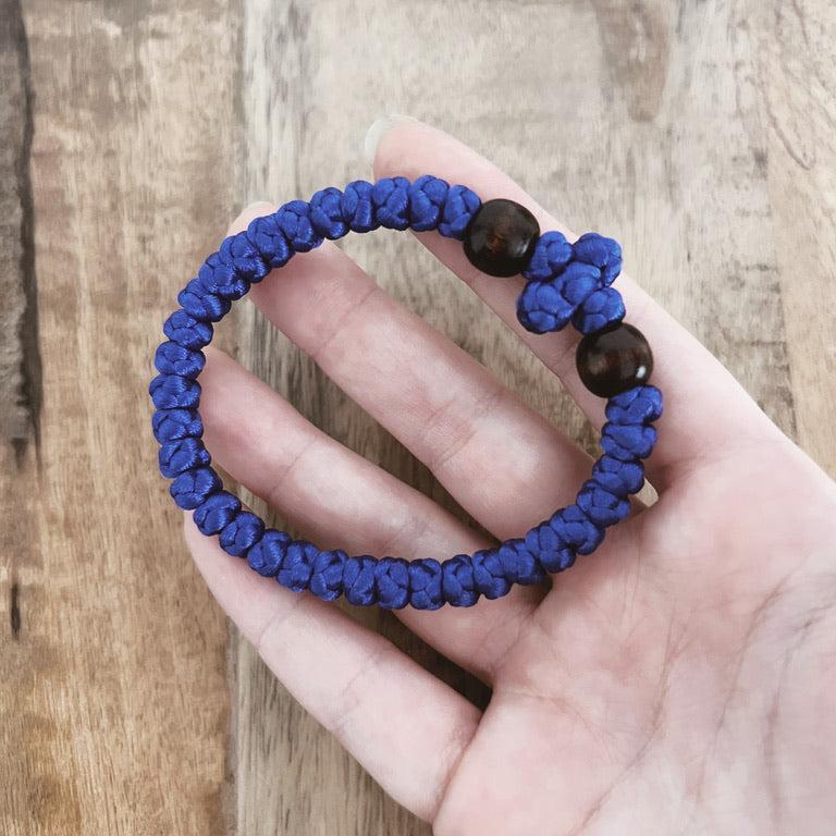 Blue Satin Cord 33 Knot with Wooden Beads