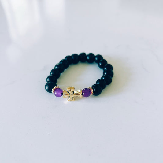 Pulsera de oración de 33 cuentas de madera de wengué con cuentas espaciadoras de lavanda