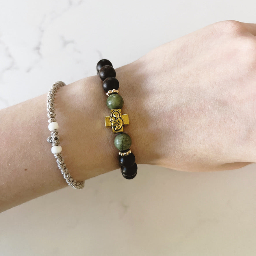 Pulsera de oración de 33 cuentas de madera de wengué con cuentas espaciadoras de lavanda