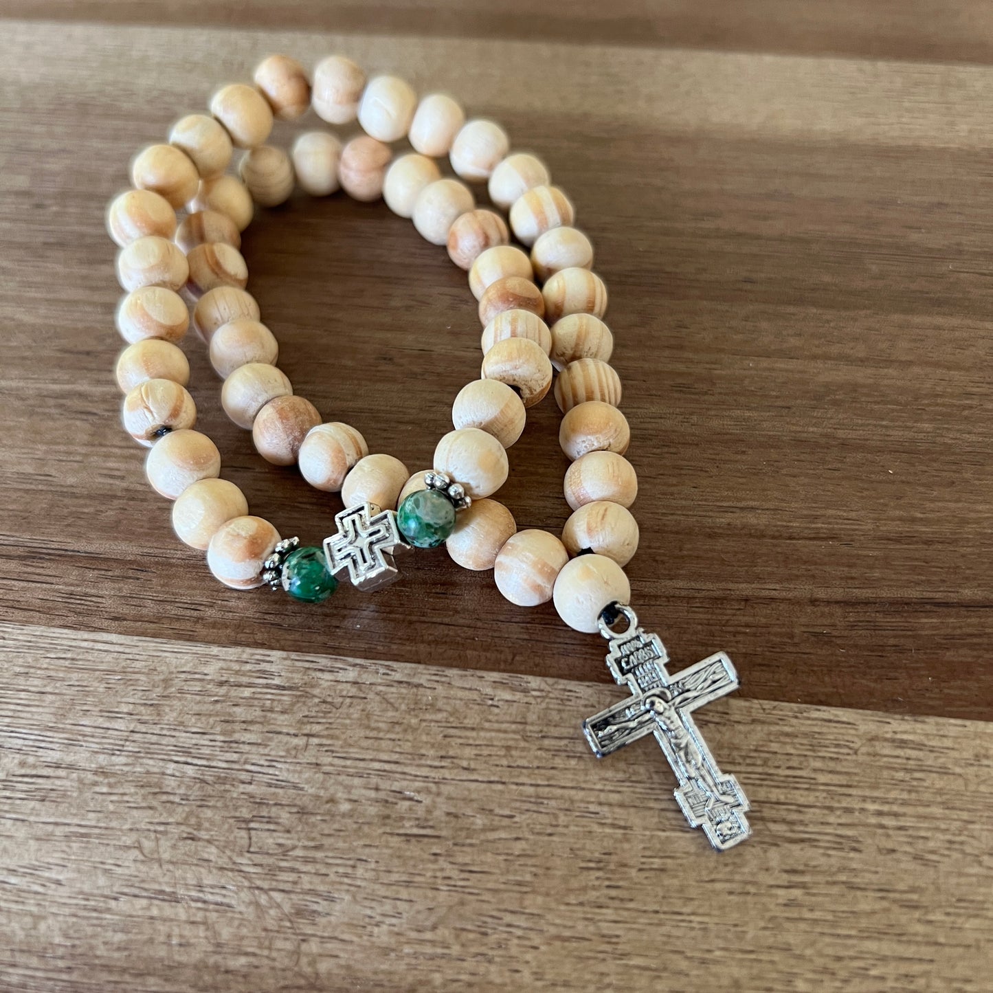 50 Bead Light Beige Prayer Rope with Green and Silver Spacers