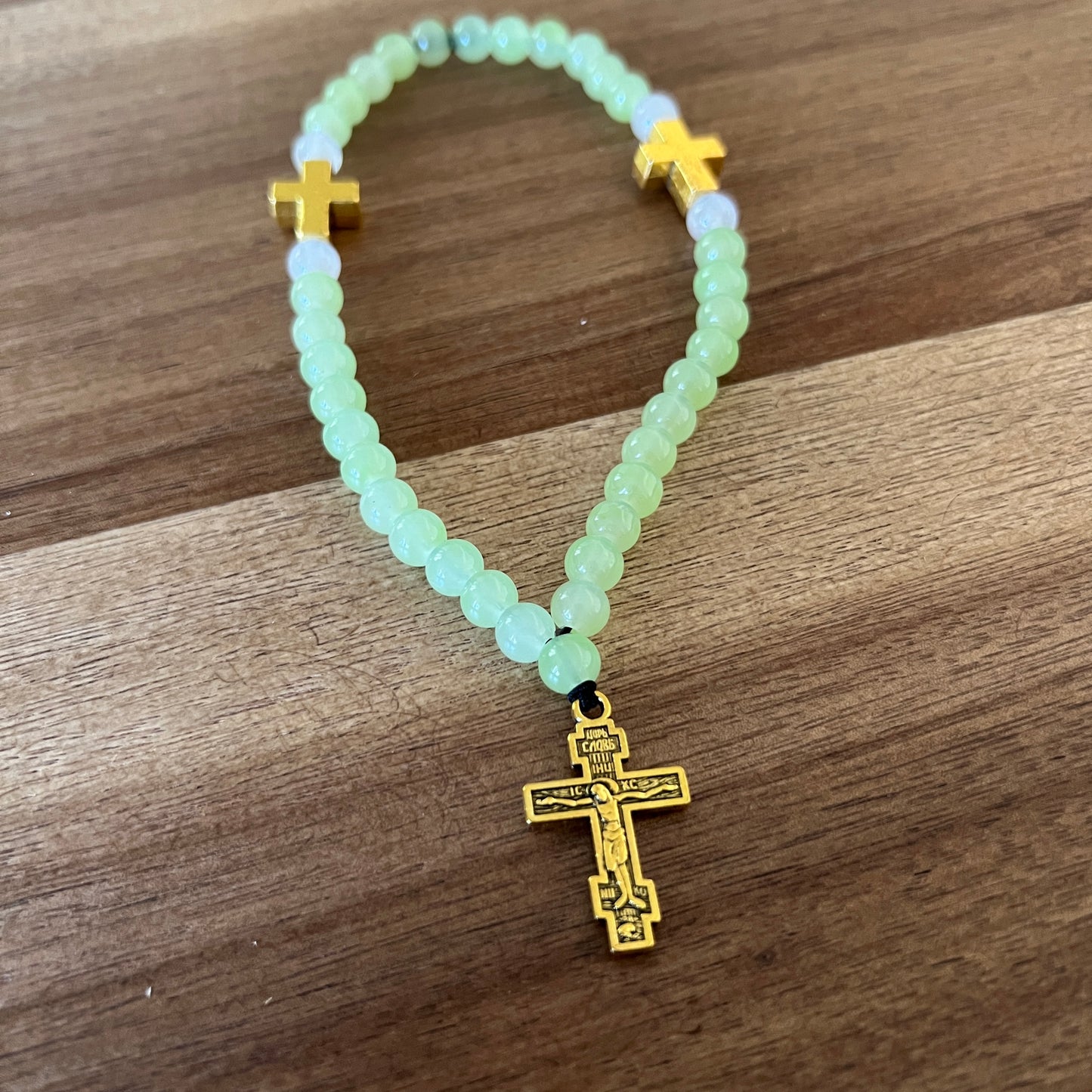 33 Mint Green Jade Bead Prayer Rope with White and Gold Spacers