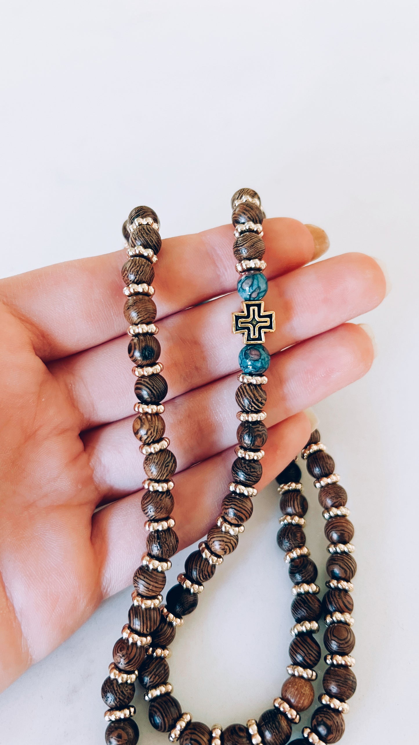 Wenge Wooden 75 Bead Prayer Bracelet with Blue and Gold Spacers