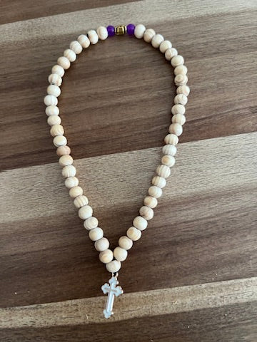 50 Bead Beige Prayer Rope with Purple and Gold Spacers