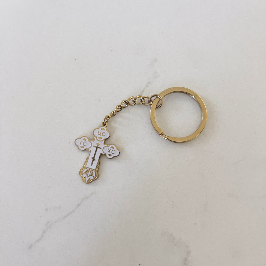 White and Gold Orthodox Cross Keychain – Faith Gift for Men & Women