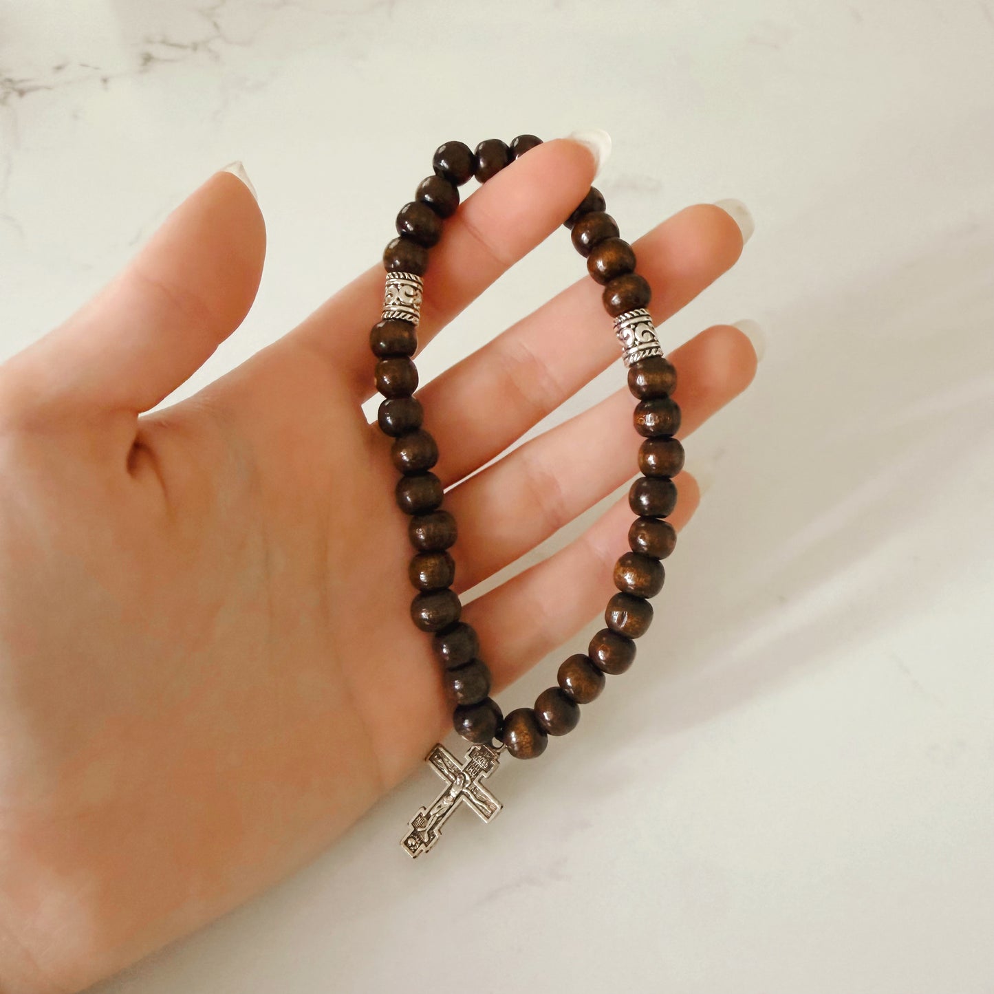 Orthodox 33 Bead Brown Wooden Prayer Bracelet with Silver Spacers & Crucifix – Handmade