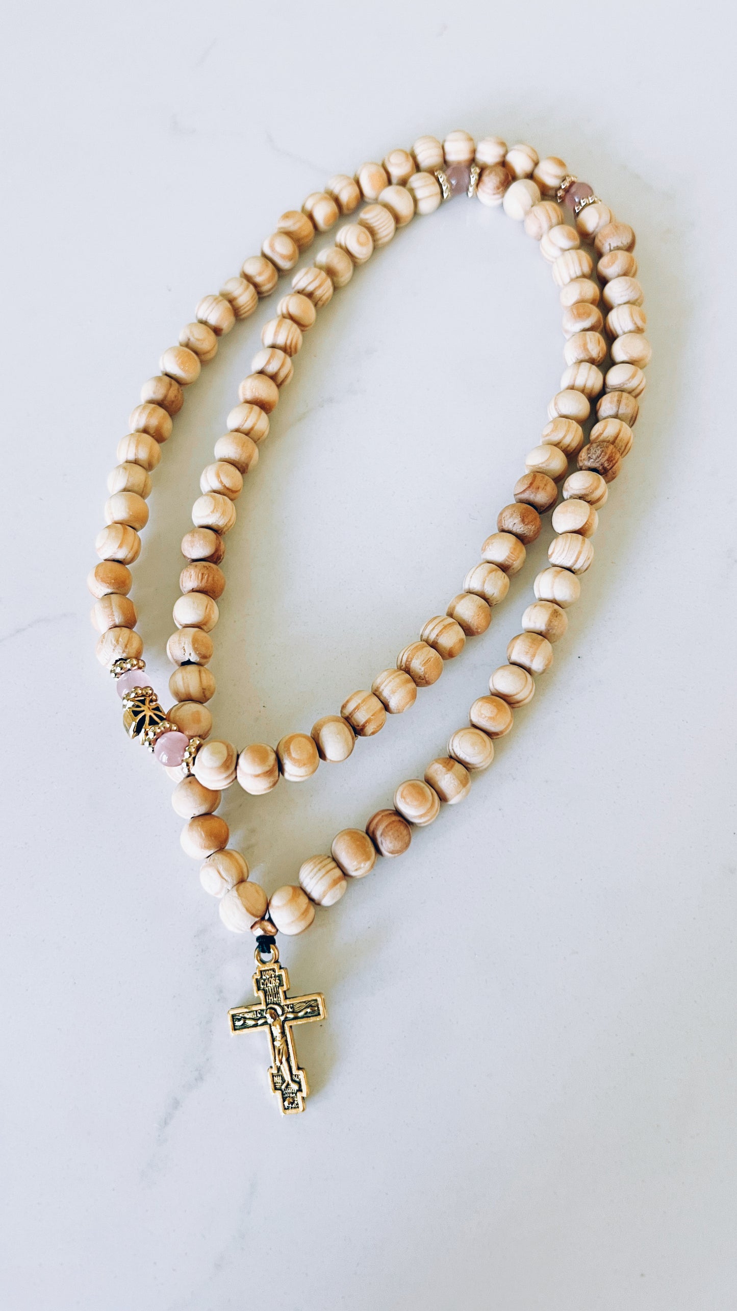 100 Knot Beige Beaded Prayer Rope with Pink and Gold Spacers