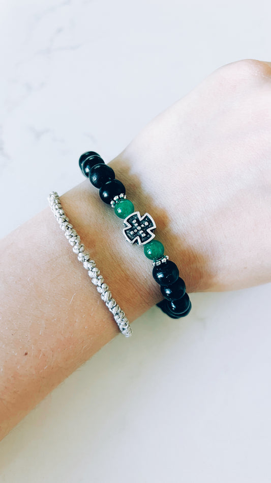 Black Prayer Bracelet with Silver and Green Spacers