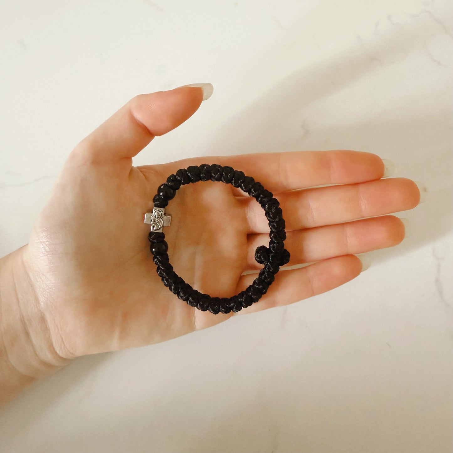 Black Cord 33 Knot Prayer Bracelet with Silver Cross Spacers & Black Beads – Handmade Orthodox Prayer Rope