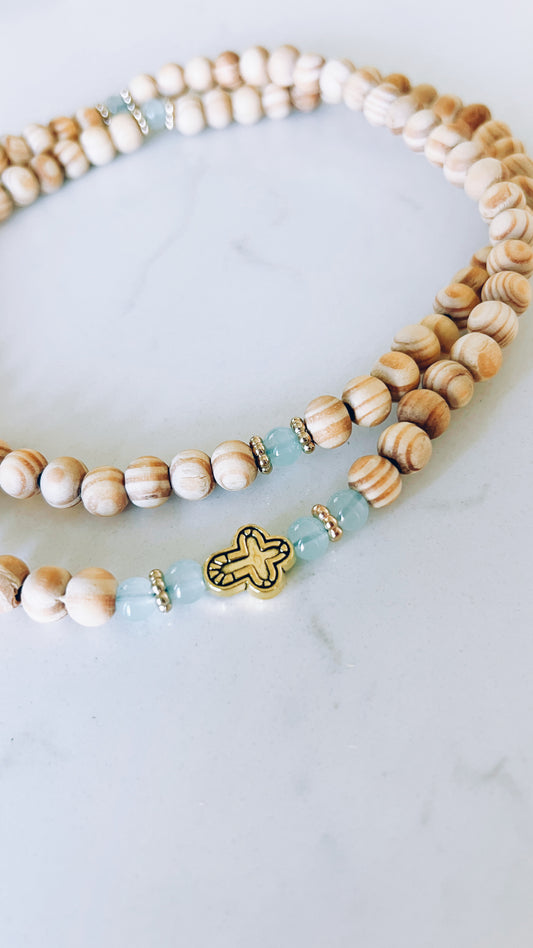 100 Bead INFINITY Beige Beaded Prayer Rope with Blue and Gold Spacers