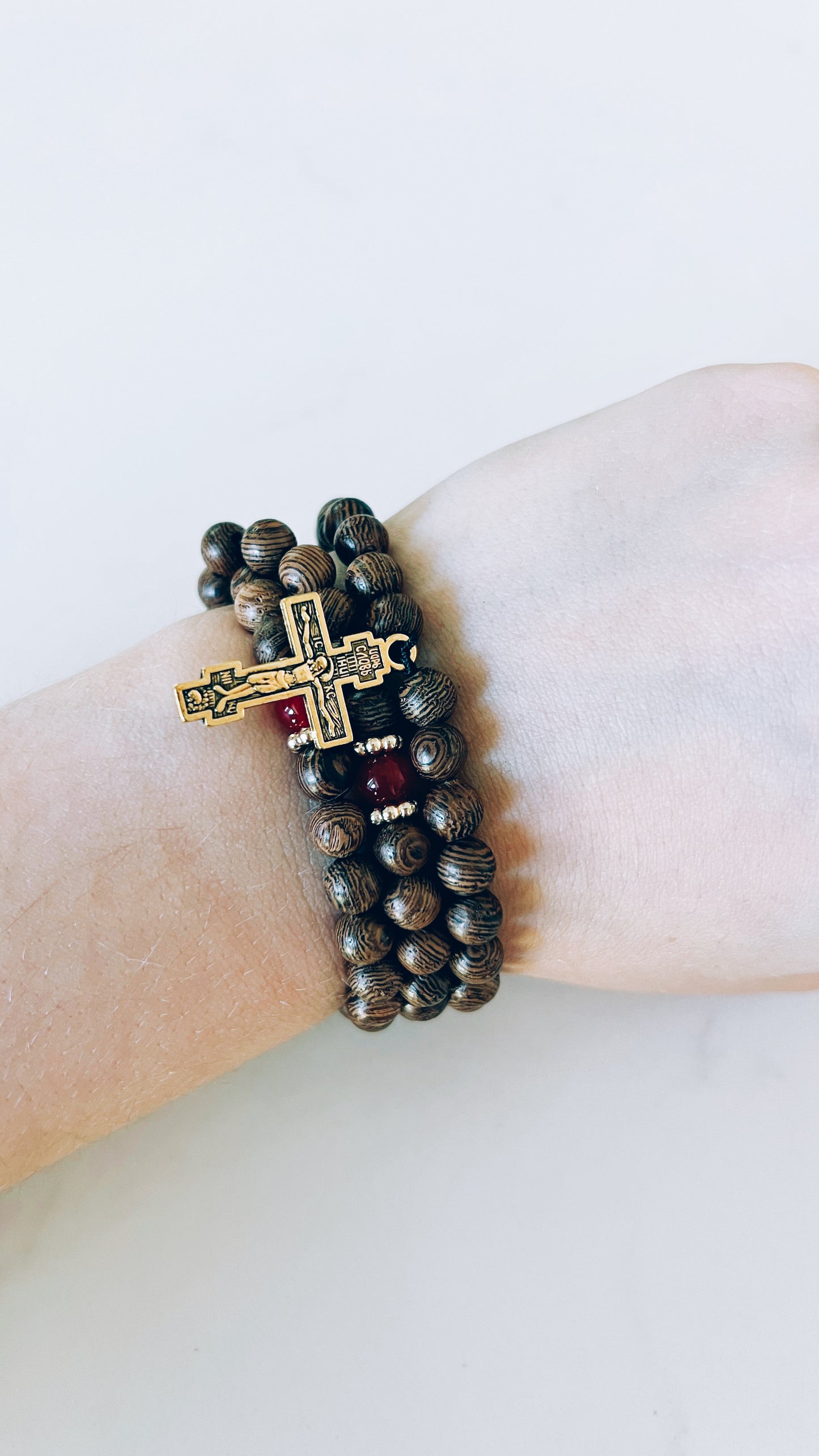 Wenge Wooden 75 Bead Prayer Bracelet with Red and Gold Spacers