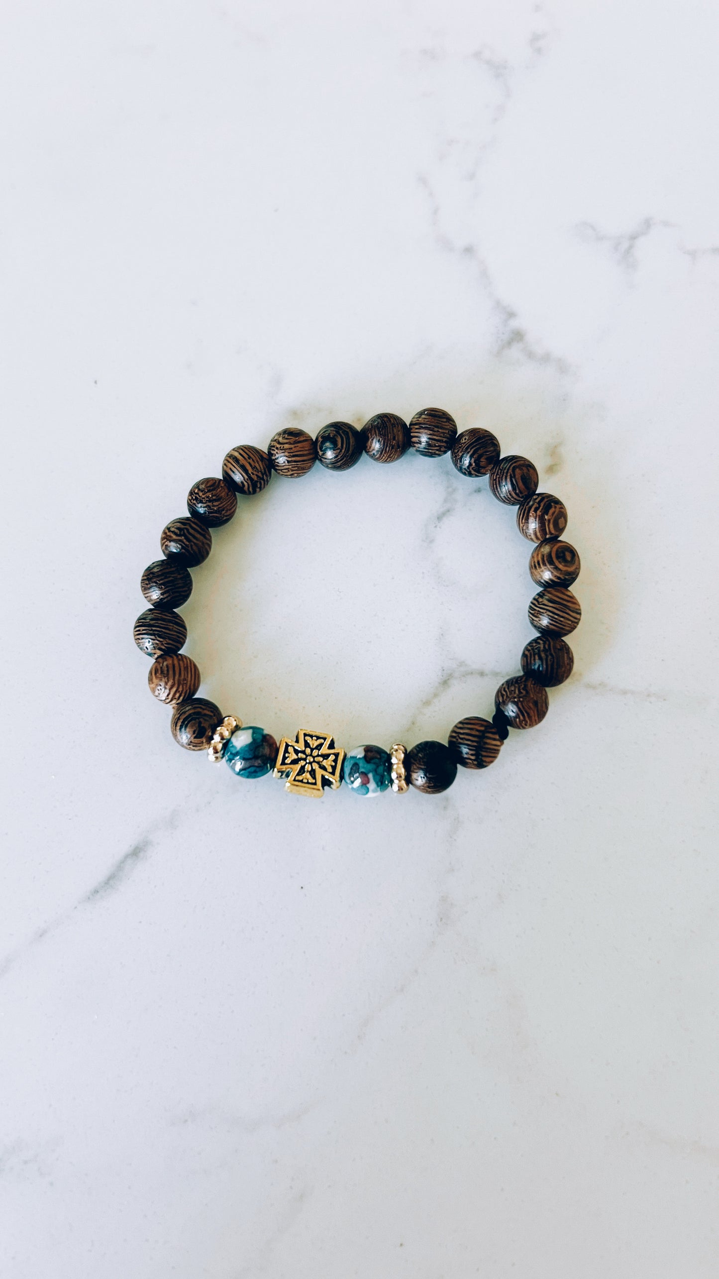 Brown Prayer Bracelet with Blue and Gold Spacers