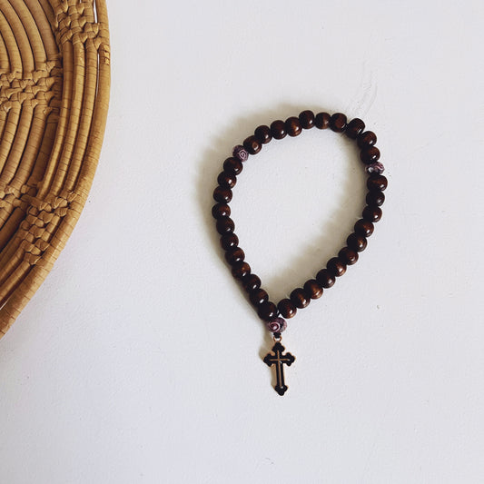 Bracelet de prière en bois foncé à 33 perles avec perles d'espacement lavande