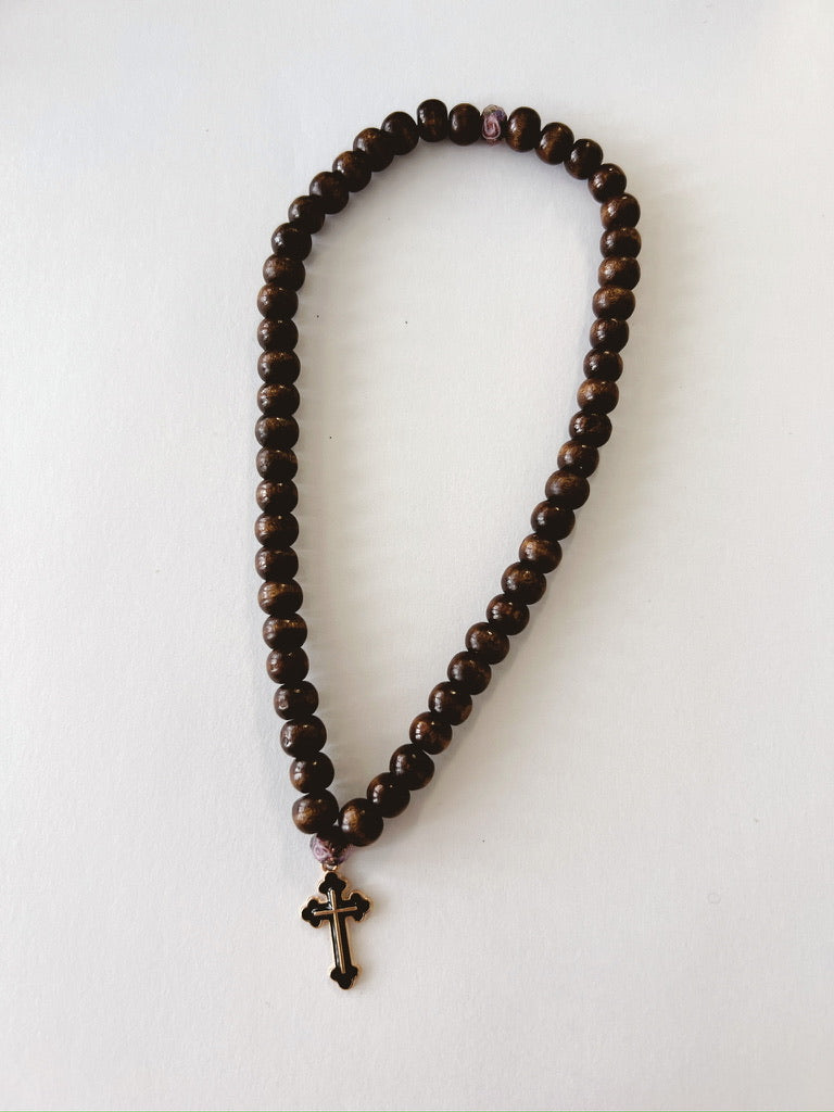 Dark Wooden 50 Bead Prayer Bracelet with Lavendar Spacer Beads