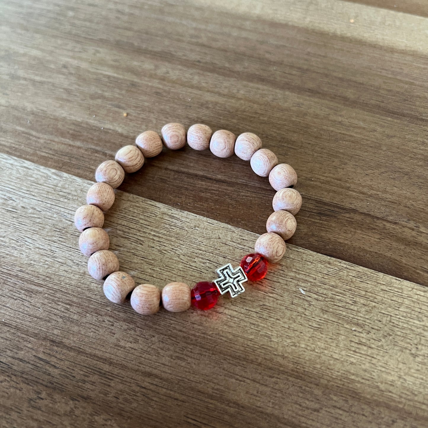 Reddish Beige Beaded Bracelet with Red and Silver Spacers