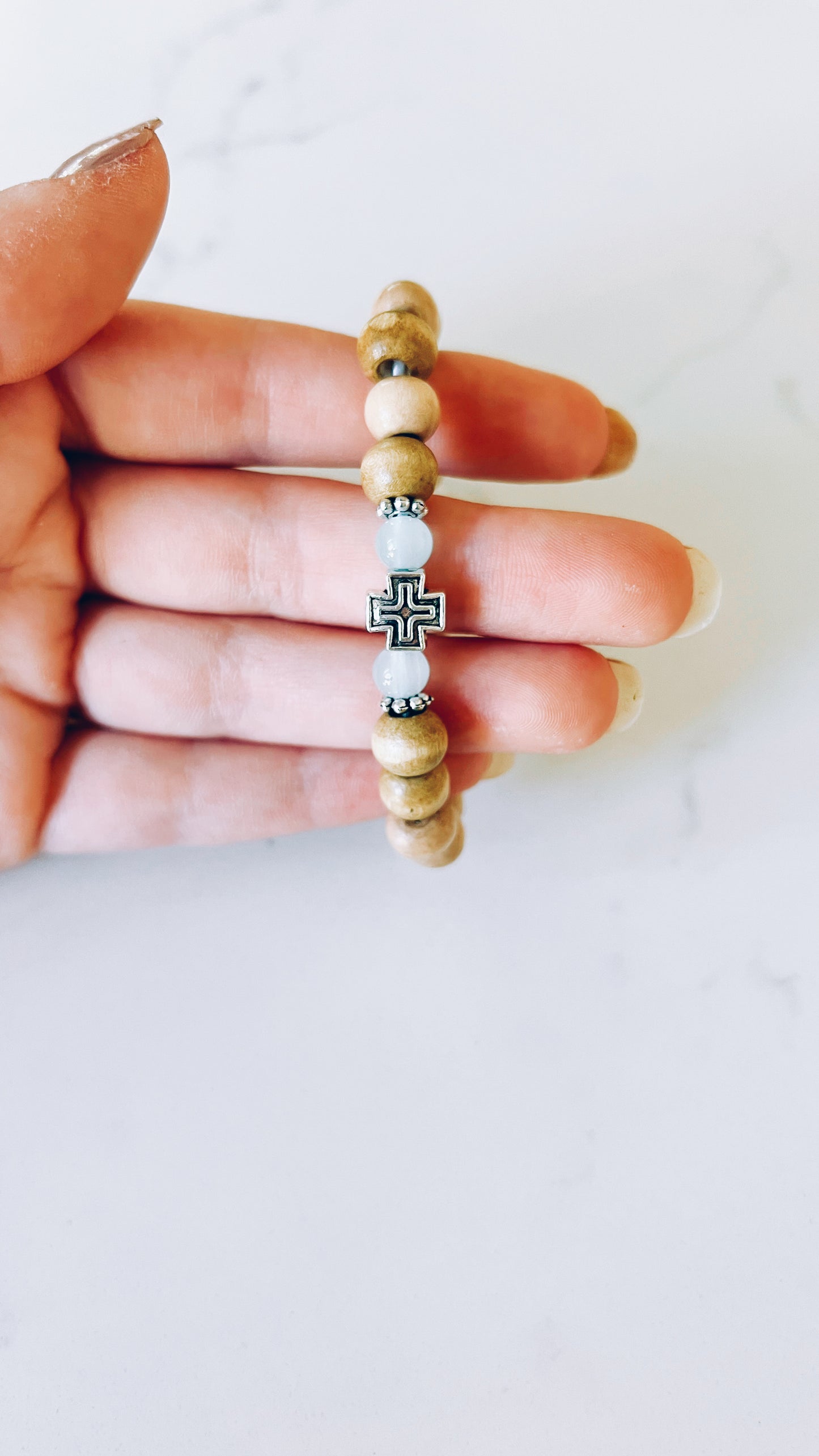 Light Wooden Prayer Bracelet with Silver and Blue Spacers