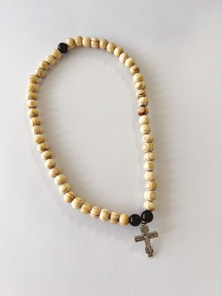 Wooden 50 Bead Prayer Bracelet with Metal Orthodox Cross