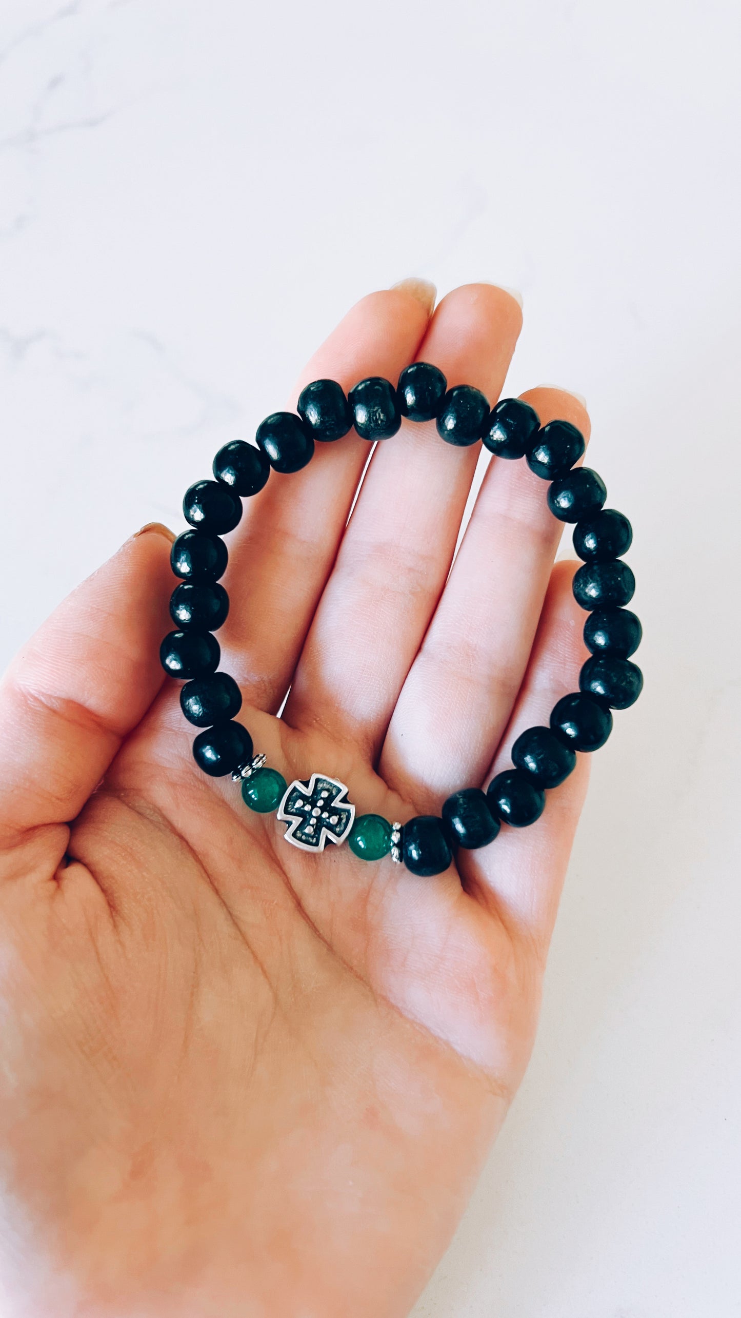 Black Prayer Bracelet with Silver and Green Spacers