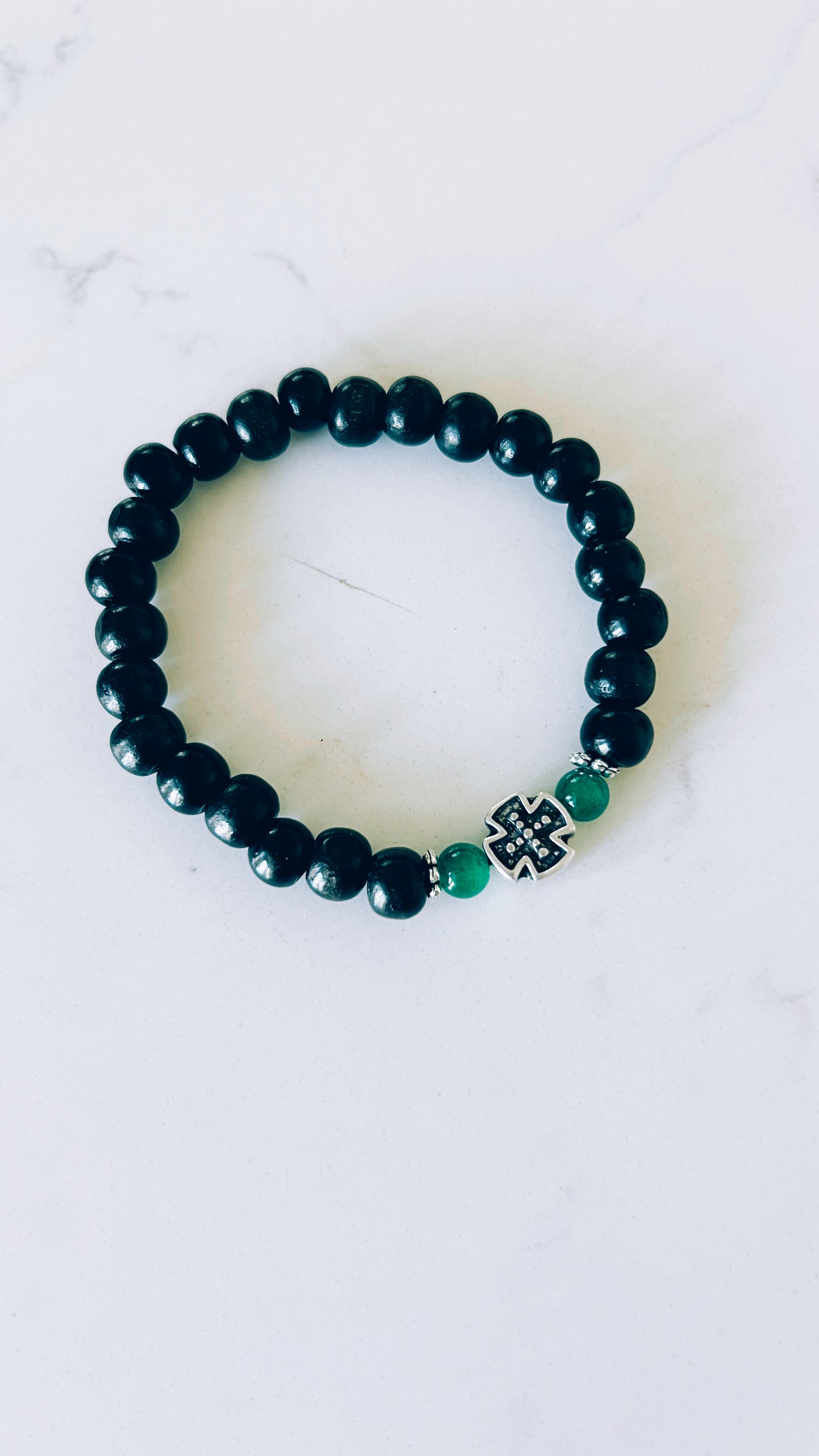 Black Prayer Bracelet with Silver and Green Spacers