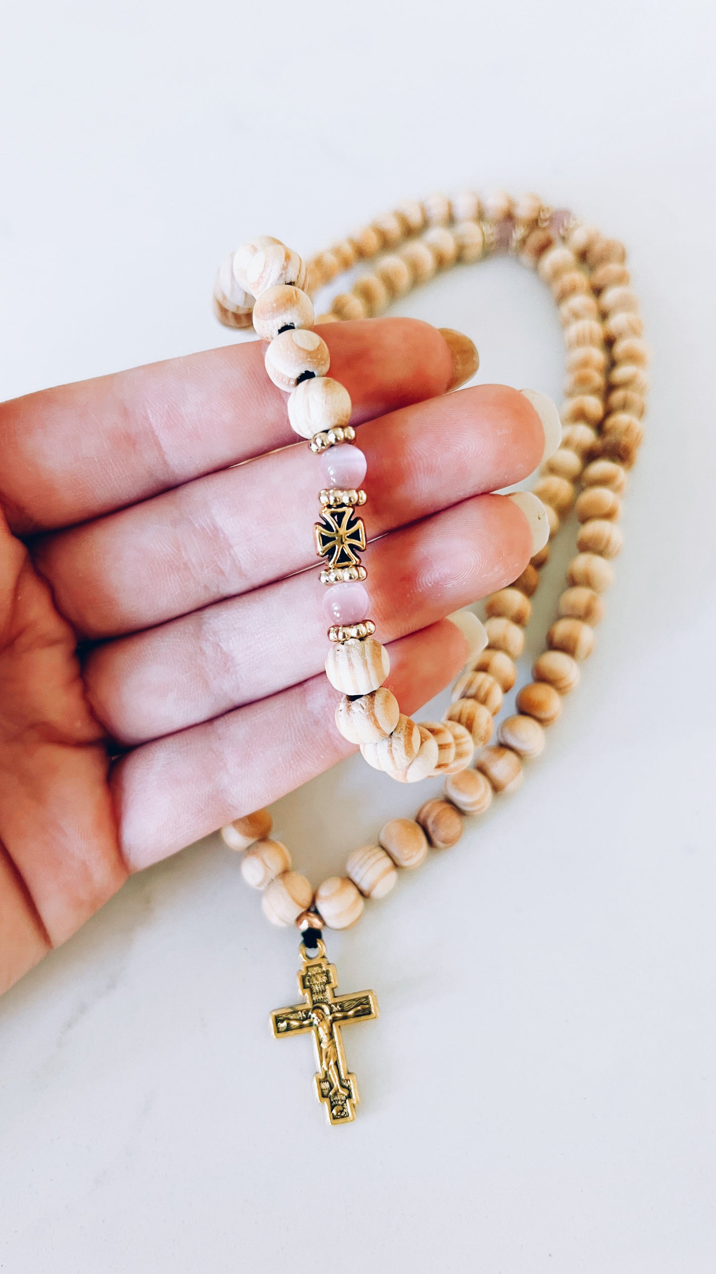 100 Knot Beige Beaded Prayer Rope with Pink and Gold Spacers