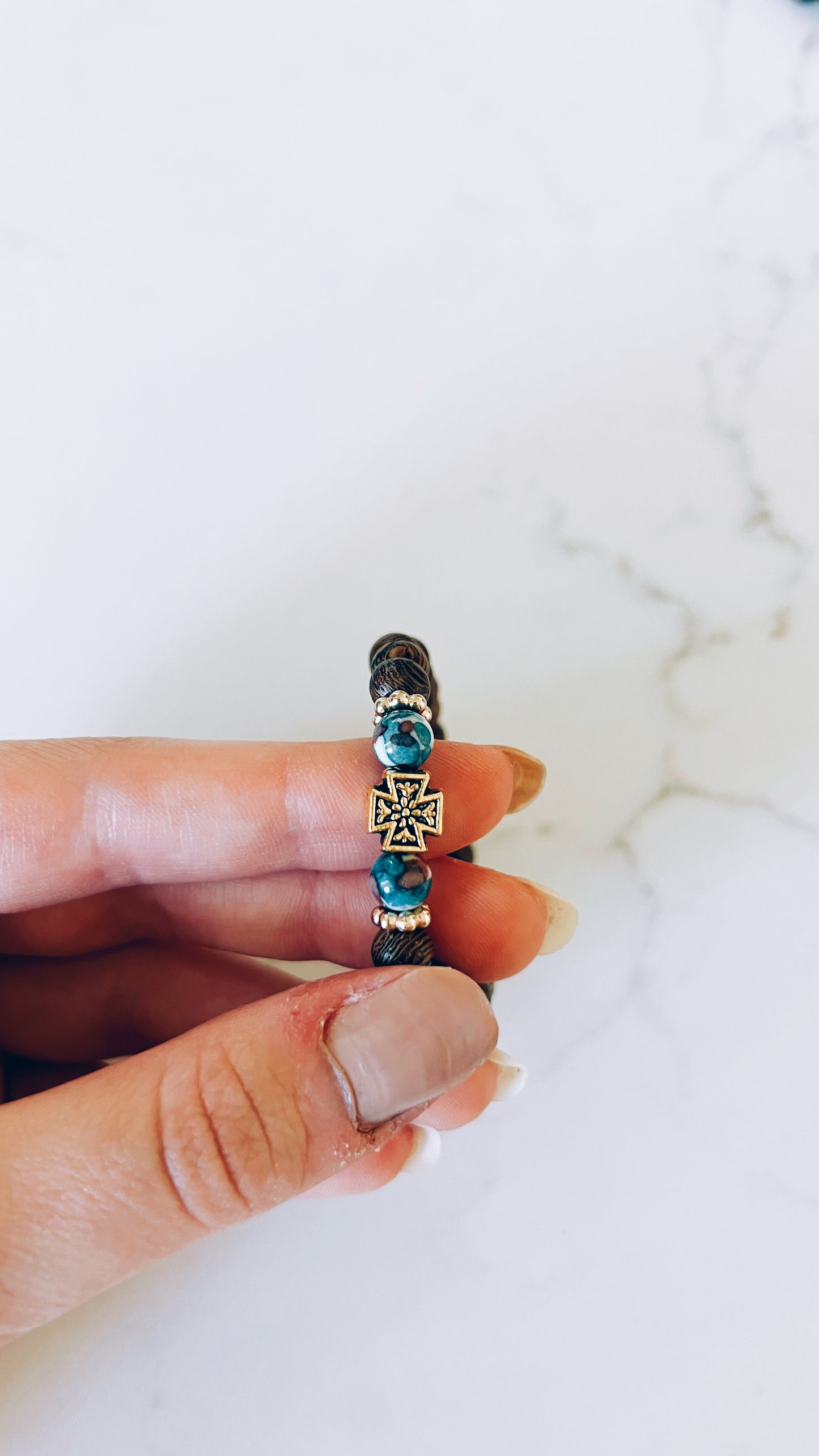 Brown Prayer Bracelet with Blue and Gold Spacers