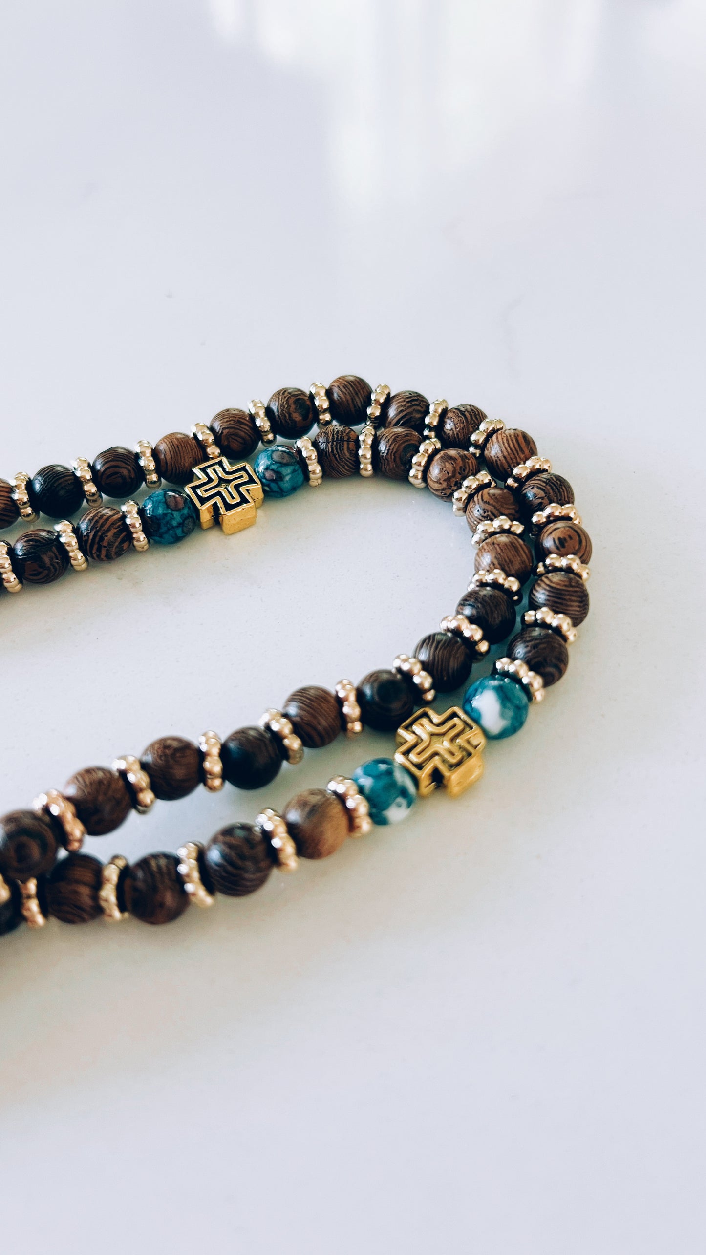 Wenge Wooden 75 Bead Prayer Bracelet with Blue and Gold Spacers
