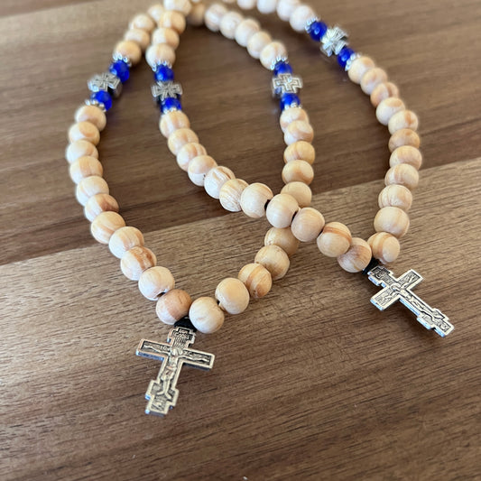 33 Bead Light Beige Prayer Rope with Dark Blue and Silver Spacers