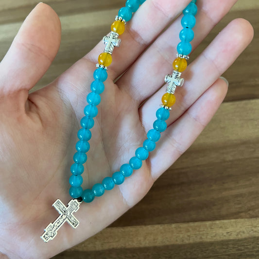 33 Turquoise Jade Bead Prayer Rope with Silver and Yellow Spacers