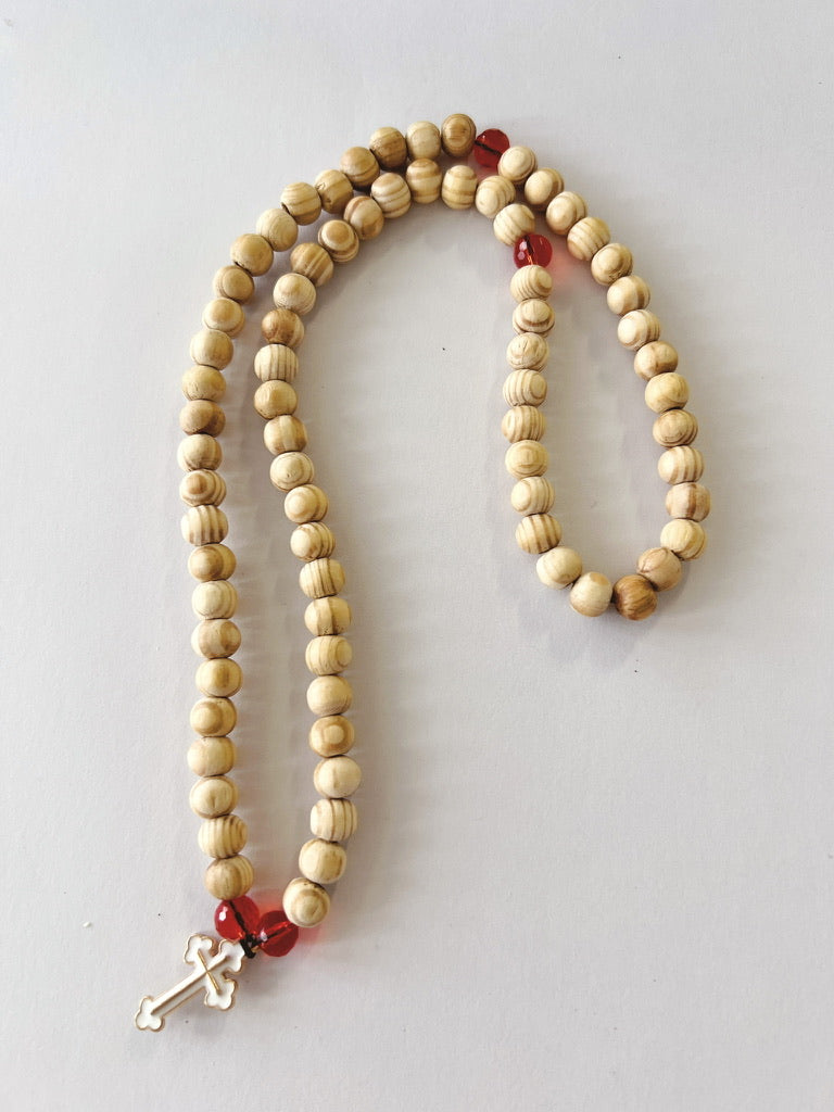 Wooden 75 Bead Prayer Bracelet with Red Spacer Beads and White Enameled Cross