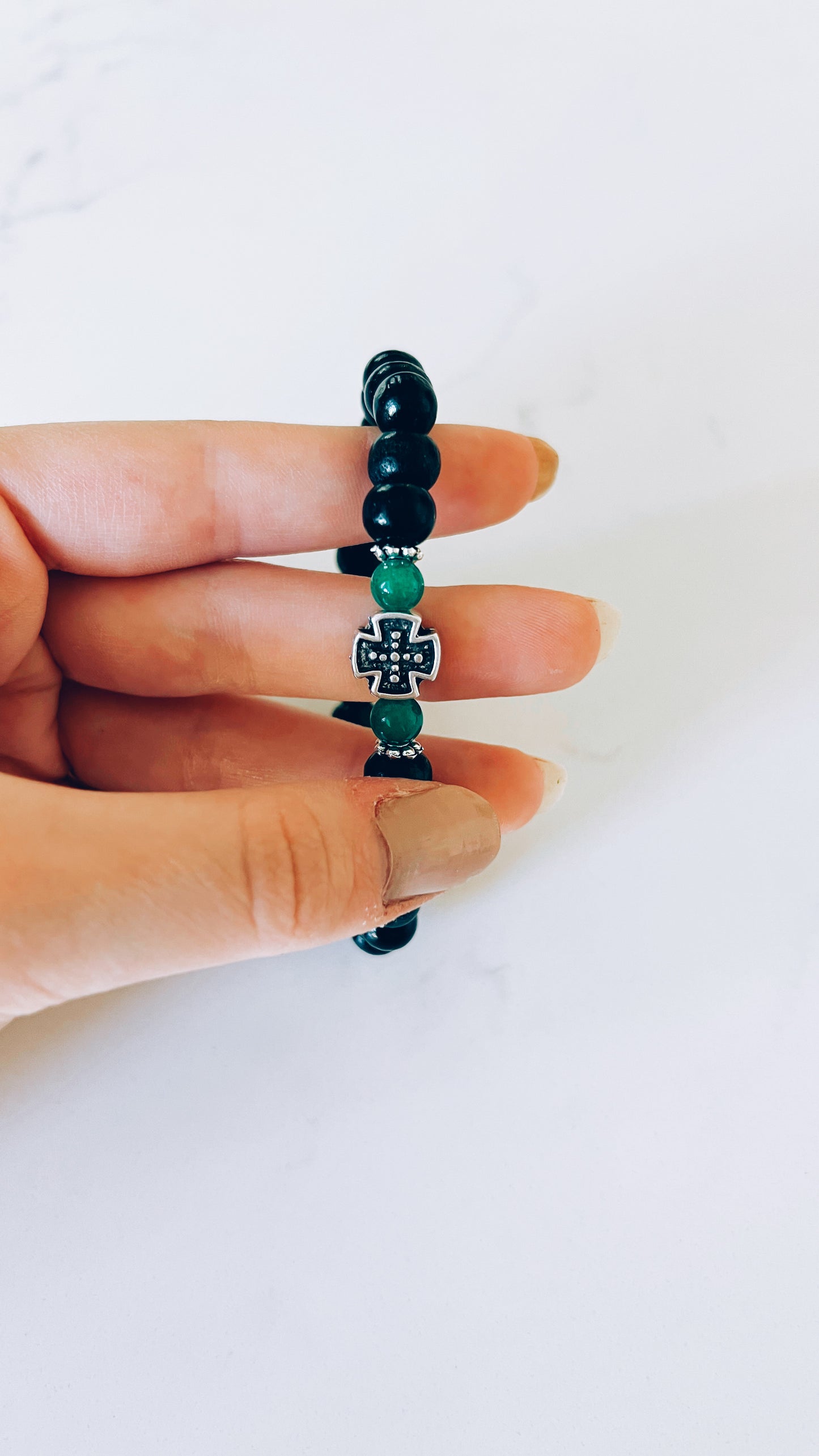 Black Prayer Bracelet with Silver and Green Spacers