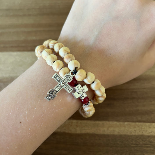 50 Bead Light Beige Prayer Rope with Red and Silver Spacers