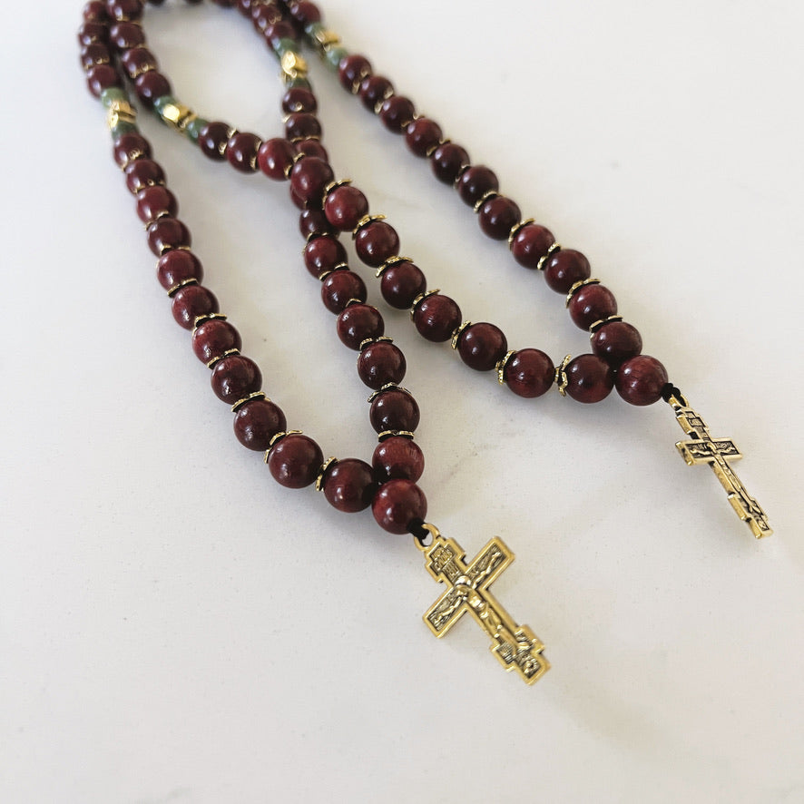Orthodox Prayer Bracelet - 33 Bead Rosewood with Gold and Green Spacers & Gold Cross