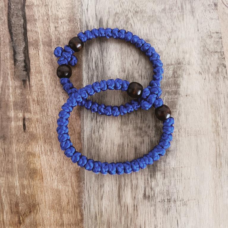 Blue Satin Cord 33 Knot with Wooden Beads