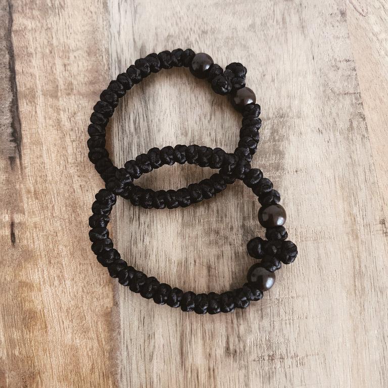 Black Satin Cord 33 Knot with Brown Beads