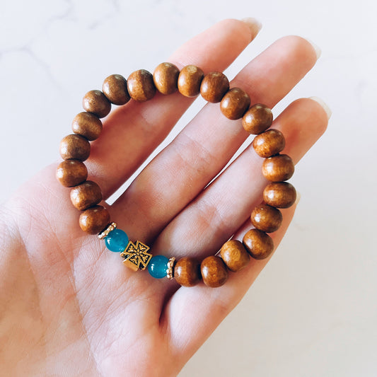 Pulsera de oración de 33 cuentas de madera de wengué con cuentas espaciadoras de lavanda