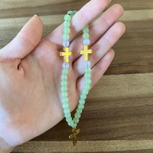 33 Mint Green Jade Bead Prayer Rope with White and Gold Spacers