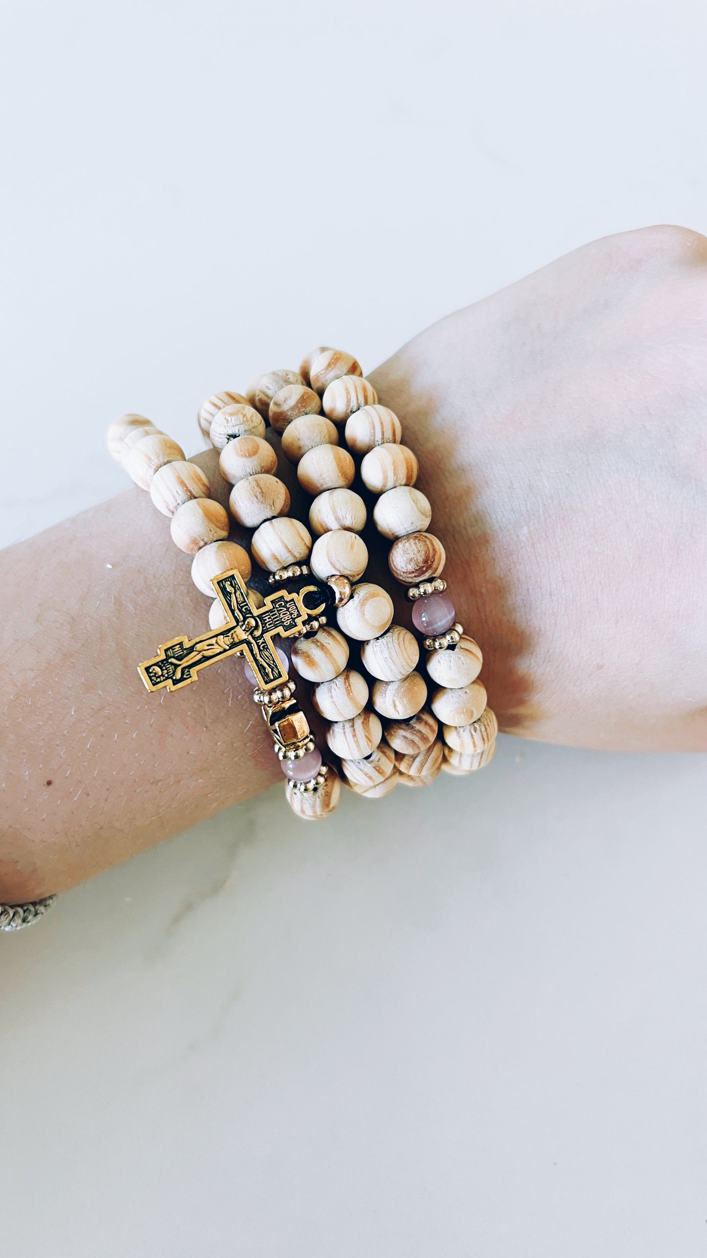 100 Knot Beige Beaded Prayer Rope with Pink and Gold Spacers