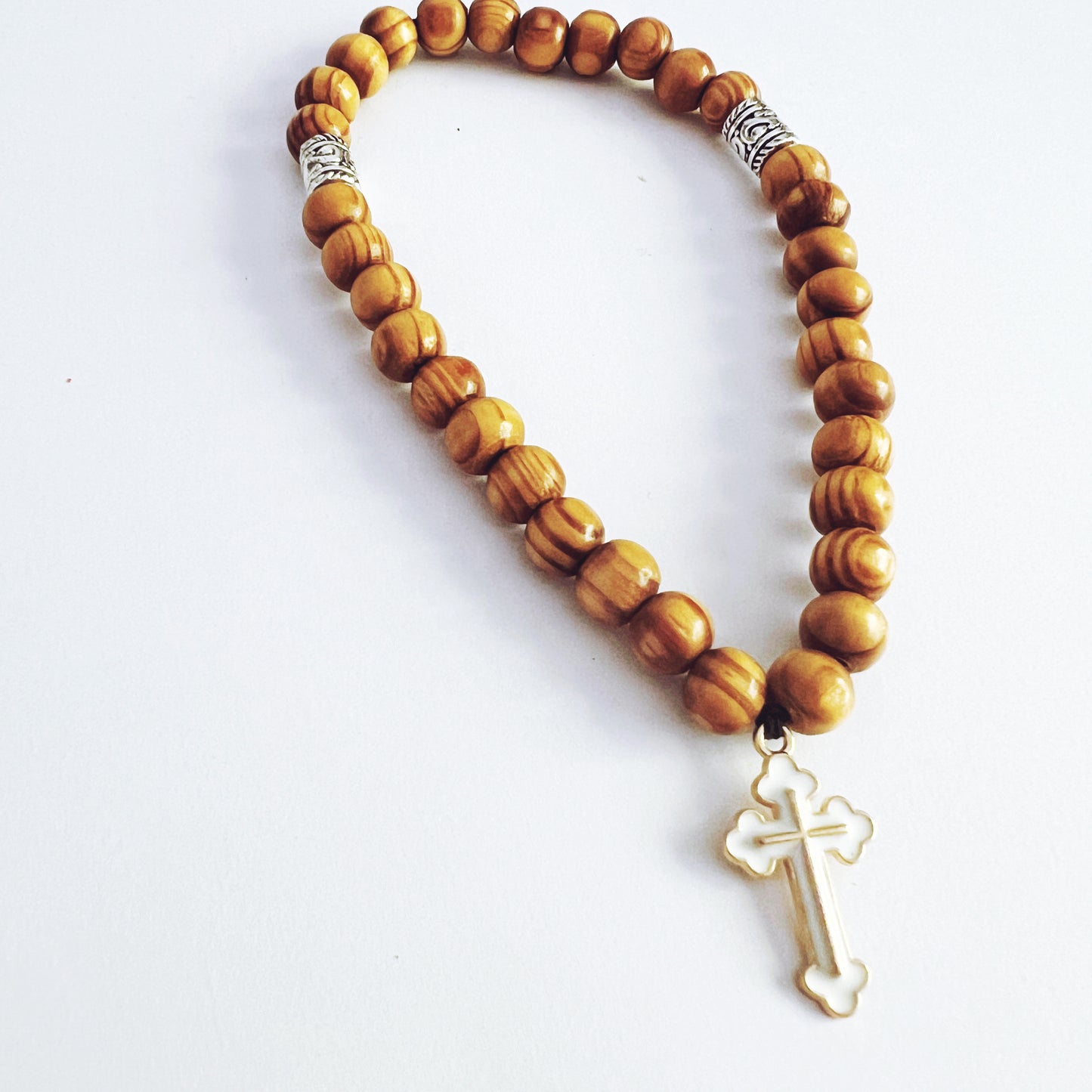 Wooden 33 Bead Prayer Bracelet with Silver Spacers and White Enameled Cross