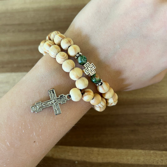 50 Bead Light Beige Prayer Rope with Green and Silver Spacers