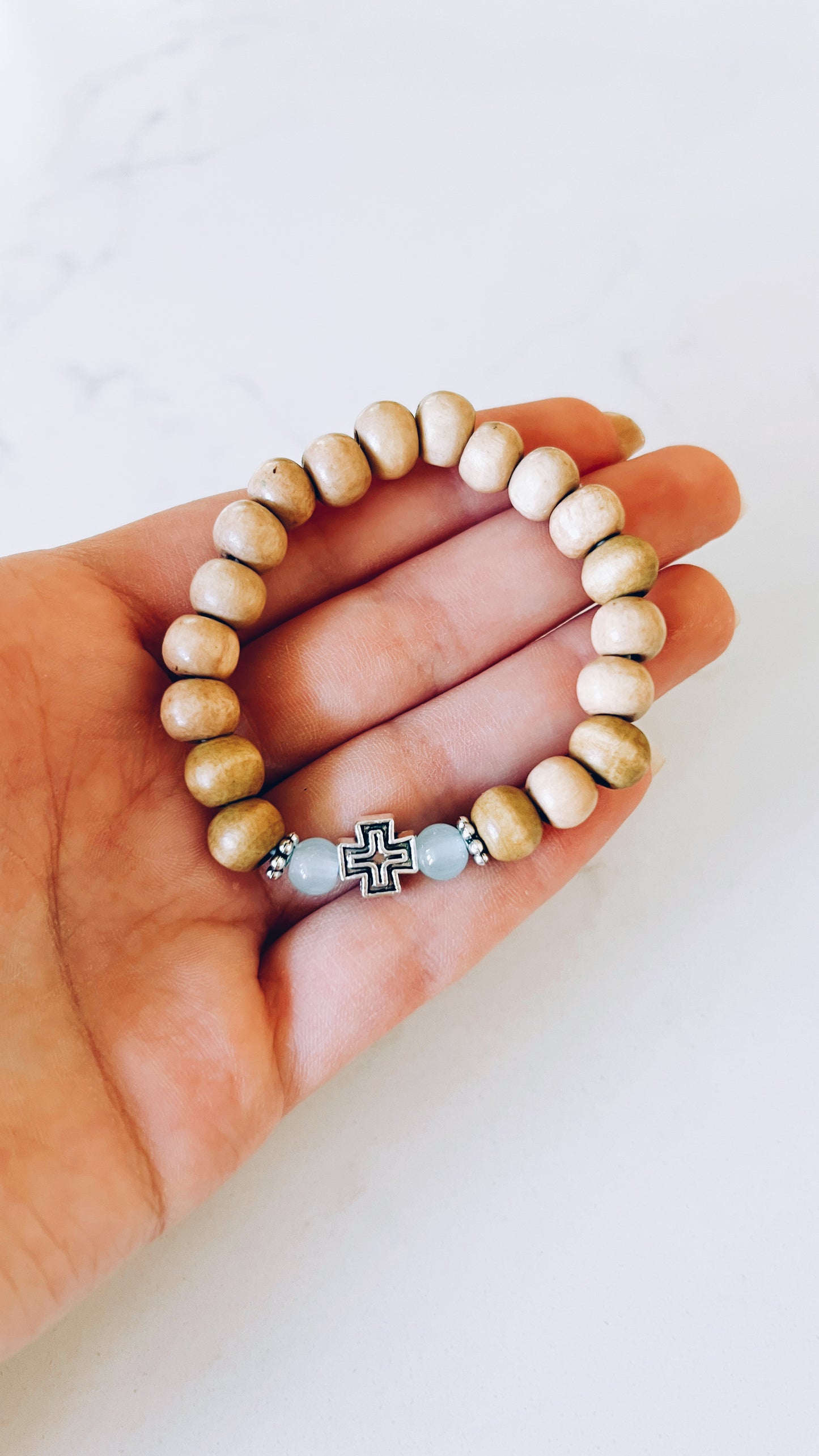 Light Wooden Prayer Bracelet with Silver and Blue Spacers