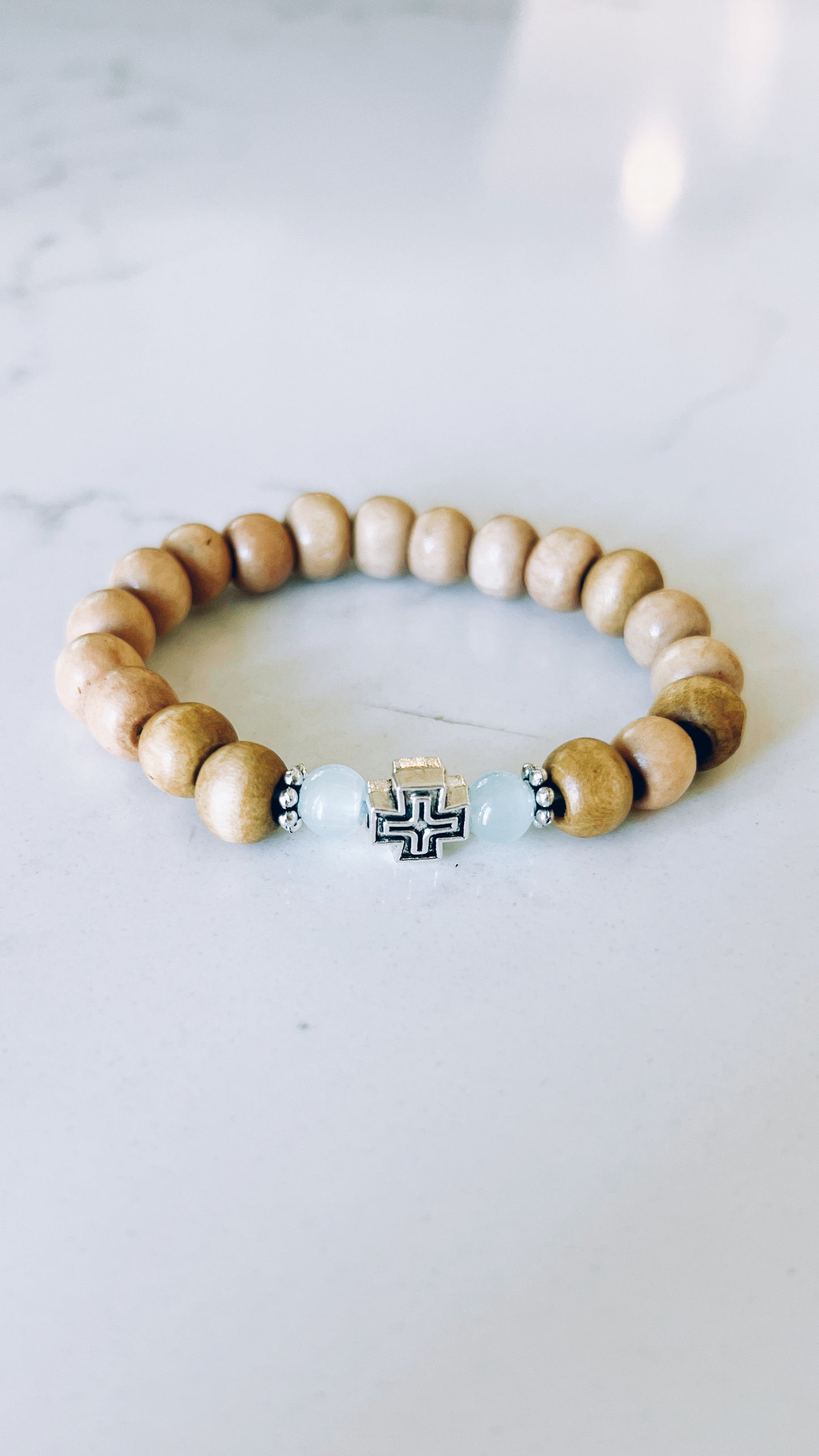 Light Wooden Prayer Bracelet with Silver and Blue Spacers