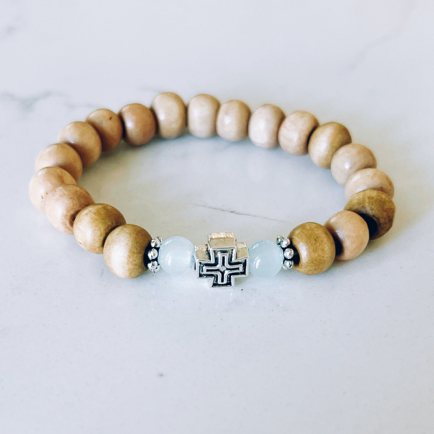 Light Wooden Prayer Bracelet with Silver & Blue Spacers - Handcrafted Orthodox Prayer Rope