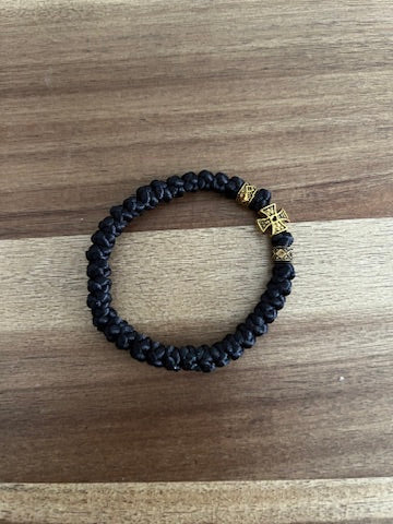 Black Satin Cord 33 Knot Prayer Bracelet with Gold Beads