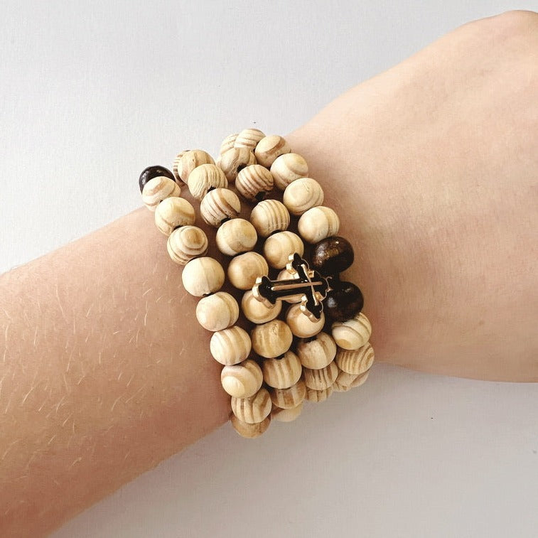 Wooden 75 Bead Prayer Bracelet with Black Enameled Cross