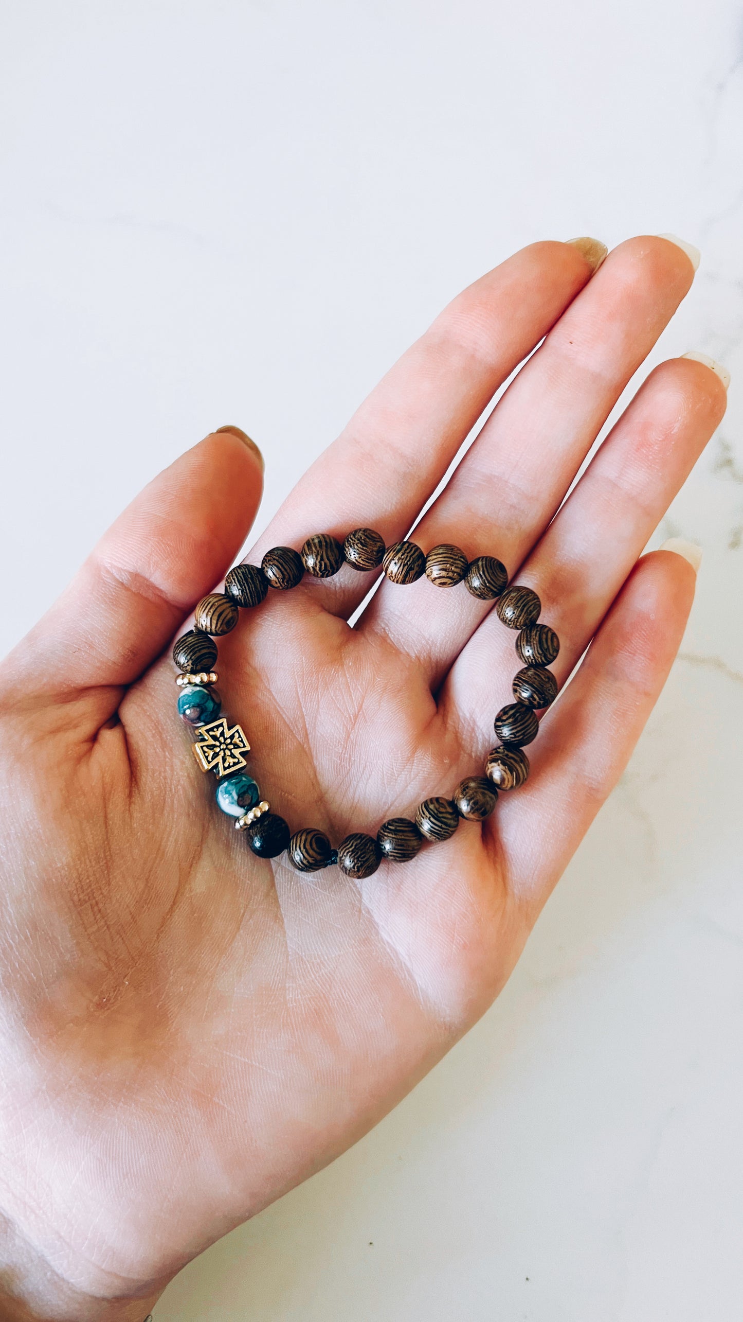 Brown Prayer Bracelet with Blue and Gold Spacers