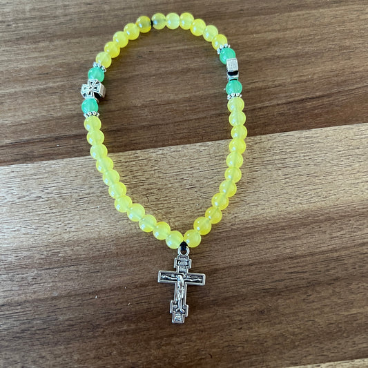 33 Yellow Jade Bead Prayer Rope with Green and Silver Spacers