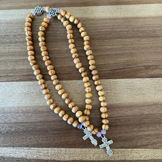 50 Bead Light Brown Prayer Rope with Pink and Silver Spacers